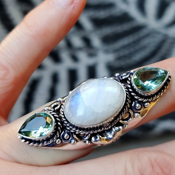 New Rainbow Moonstone & Green Amethyst 925 Silver Statement Ring. - Picture 11 of 15